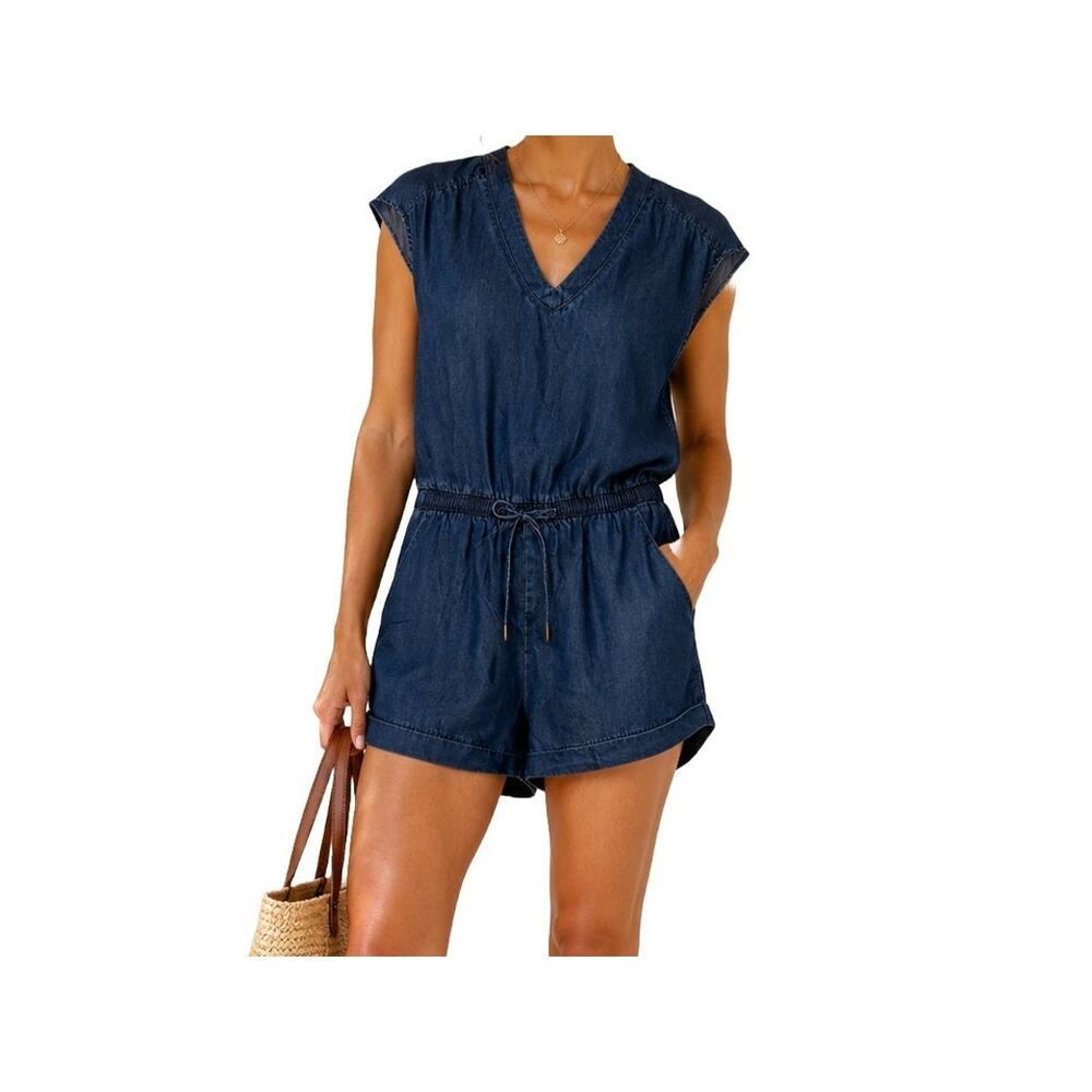 Dittos Doux Chambray Sleeveless Romper Drawstring Waist S/M Summer Beach Travel